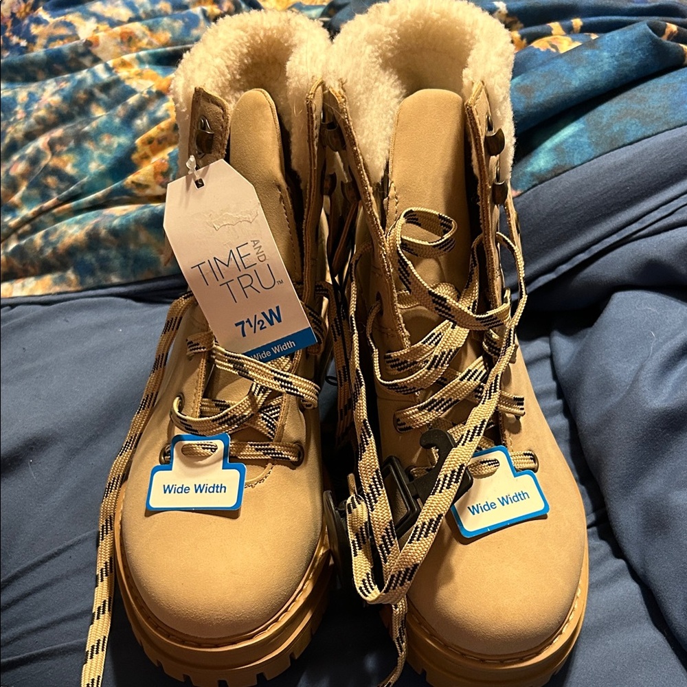 Time and Tru Camel Lace-Up Boots with Faux Fur
